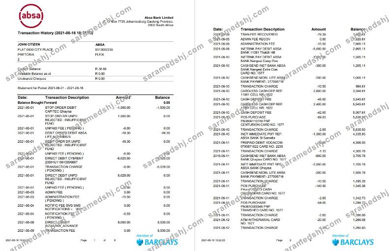 South Africa ABSA bank statement easy to fill template in Word and PDF format (9 pages)